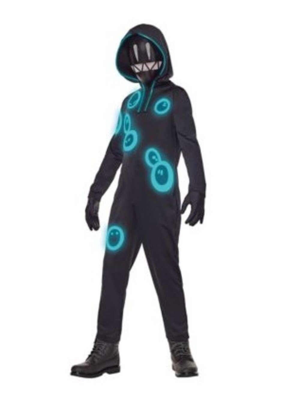 Fortnite Grimey halloween Costume Medium 8-10 Hooded Jumpsuit Mask Light-Up Glow